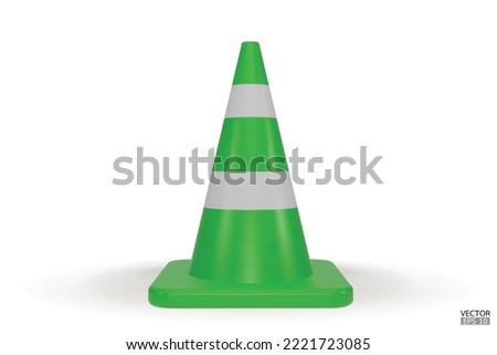 3d traffic cones with white and green stripes isolated on white background. Construction cone icon. Single green traffic warning cone. Under construction, and maintenance. 3D vector illustration.