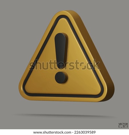 3d Realistic gold triangle warning sign isolated on white background. Hazard warning attention sign with exclamation mark symbol. Danger, Alert, Dangerous attention icon. 3D Vector illustration.