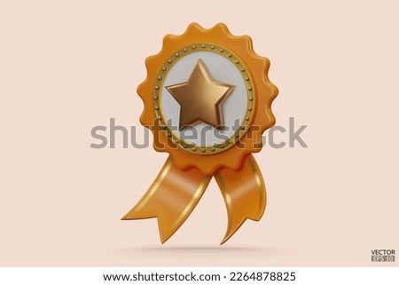 3D quality guarantees a medal with check mark and ribbon. Yellow and gold badge warranty icon  isolated on white background. Realistic Certificate Badge icon, award badge.3D vector illustration.