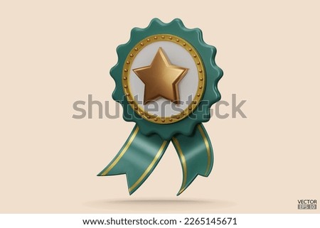 3D quality guarantees a medal with a star and ribbon. Green badge warranty icon isolated on beige background. Realistic graphics Certificate Badge icon, award badge. 3D vector illustration.