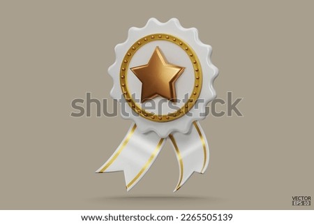 3D quality guarantees a medal with a star and ribbon. White badge warranty icon isolated on beige background. Realistic graphics Certificate Badge icon, award badge. 3D vector illustration.