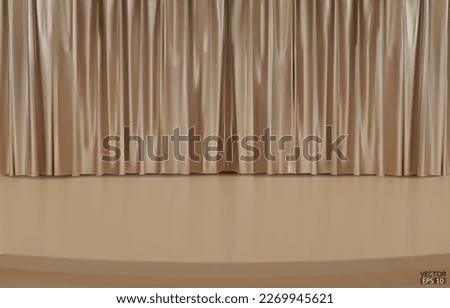 Empty theater stage with gold velvet curtains. Closed beige metallic stage curtain and wooden floor. Opera scene drape backdrop, Concert grand opening or cinema backstage. 3d vector illustration.