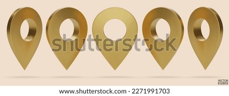 Set of golden map pointer isolated on beige background. Gold location pin or navigation. 3D Locator mark of map pointer, symbol, position. 3D vector illustration.