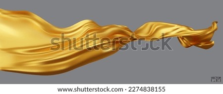 Flying gold silk textile fabric flag background. Smooth elegant golden Satin Isolated on gray Background for grand opening ceremony. Yellow curtain. 3d vector illustration.