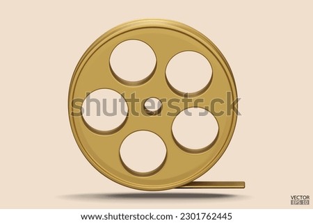 Gold Film icon isolated on beige background. Video camera tape 3D sign symbols logo. Reel Camera Negative Film. 3d render movie,cinema, entertainment concept. 3D Vector Illustration.