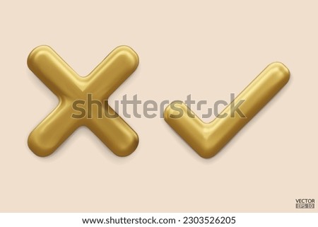 3D gold Checkmark and X mark icon. Checkmark right symbol, tick sign. check and uncheck for web and mobile apps. 3D vector illustration.