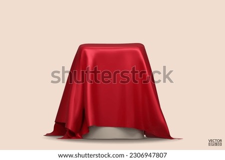 Podium covered with a piece of red silk isolated on beige background. Realistic box covered with red cloth. Podium for product, cosmetic presentation. Creative mock up. 3d vector illustration.