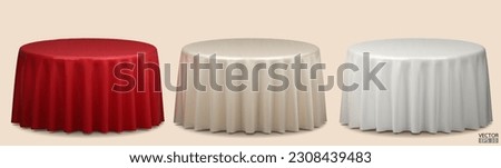 Set of Round Table with Tablecloth Isolated on beige Background. Meeting room table clothes, Red, beige and white silk table clothes. 3D vector illustration.
