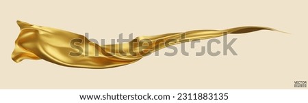 Flying gold silk textile fabric flag background. Smooth elegant golden Satin Isolated on beige Background for grand opening ceremony. Gold curtain. 3d vector illustration