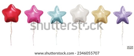 Set of realistic vector colorful star balloons isolated on white background. Helium star balloons clipart for anniversary, birthday, wedding, party. 3D vector illustration. Imagine de stoc © 