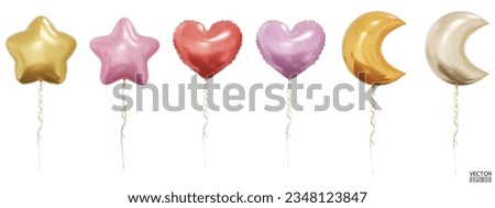 Set of realistic star, heart and moon balloons isolated on white background. Helium star balloons clipart for anniversary, birthday, wedding, party. 3D vector illustration. Imagine de stoc © 