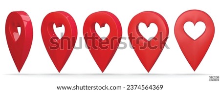 Set of map pointer on heart shape isolated on white background. Red location pin or navigation. 3D Locator mark of map pointer, symbol, position. 3D vector illustration.