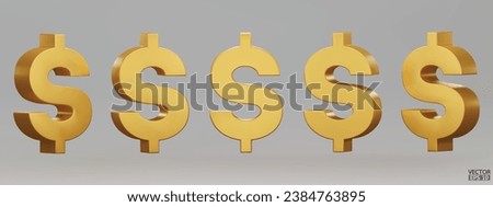 Set of gold US dollar currency symbol isolated on gray background. Golden dollar sign. 3D signs money currency sign. 3D vector Illustration.