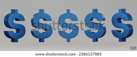 Set of blue US dollar currency symbol isolated on gray background. Blue dollar sign. 3D signs money currency sign. 3D vector Illustration.