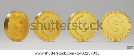 Set of rotating golden dollar coins in different angles isolated on background. Golden money set. Use for gambling games, jackpot Cash treasure concept. 3d vector illustration.