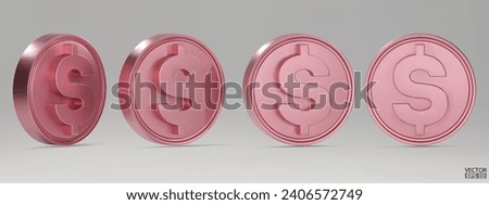 Set of rotating rose gold dollar coins in different angles isolated on background. Rose gold money set. Use for gambling games, jackpot Cash treasure concept. 3d vector illustration.