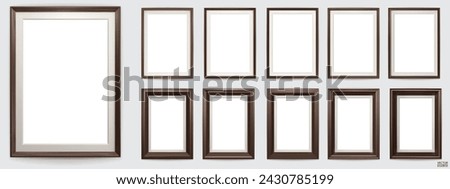 Set of dark brown modern frame isolated on white background. Realistic rectangle frames mockup. Classic Photo wooden frame. Borders set for painting, poster, photo gallery. 3d vector illustration.