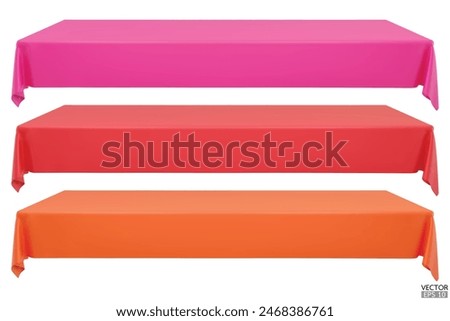 Set of realistic Rectangular Tablecloth on top table isolated on white Background. Empty pink, red, orange cloth table. Silk table clothes. Meeting room table clothes. 3D vector illustration.