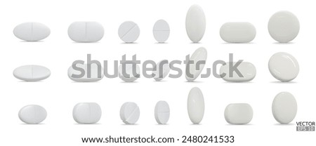 Set of 3d realistic pills isolated on white background. Medical Pill, Capsule, Tablet, medicine drug Collection. 3D vector illustration.
