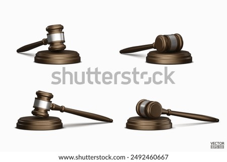 Realistic wooden judge hammer isolated on a white background. Judge's gavel hammer for adjudication. 3D Vector illustration