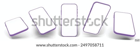 3D purple smartphone mockup with white screen. Purple mobile phone isolated on white background. 3d vector illustration.