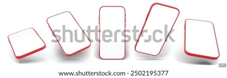 3D red smartphone mockup with white screen. Red mobile phone isolated on white background. 3d vector illustration.