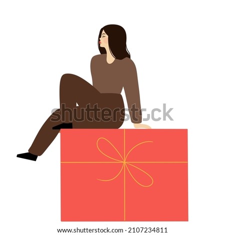 Woman sits on the big gift. Festive concept forr Women's day with  female and celebration box with ribbon. vector illustration Stock fotó © 