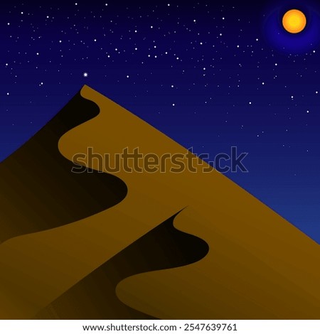 Minimalistic desert nightscape featuring a sand dune under a star-filled sky with a glowing moon. Ideal for backgrounds, digital illustrations, and nature-inspired designs with a serene atmosphere.

