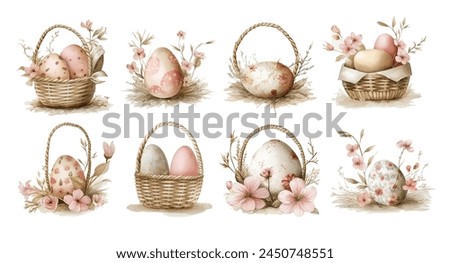 aster eggs in a easter basket decorated with a bow , highlighted on a white background with shadow and reflection, easter basket vector design watercolor