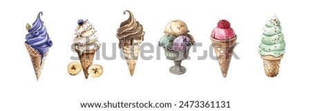 Set of watercolor ice creams in waffle cones isolated on white background. Design great for your compositions or decorate with your artwork.