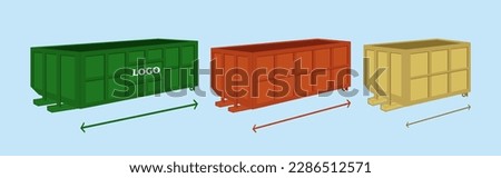 Dumpster vector illustration. Three different-sized isolated containers in various colors 