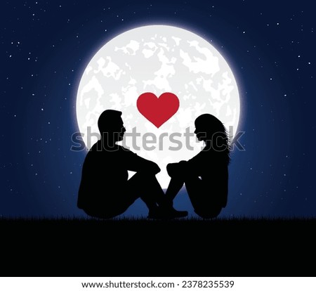 A couple in love and face to face sitting on a full moon night