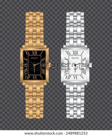 Golden and silver wristwatches with Roman numerals vector