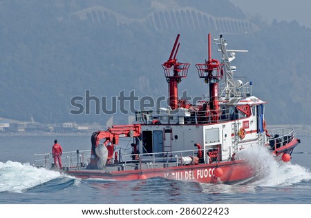 Genoa, Italy - may 07, 2015 - A rescue ship in navigating the waters of the ligurian sea during a training exercise.