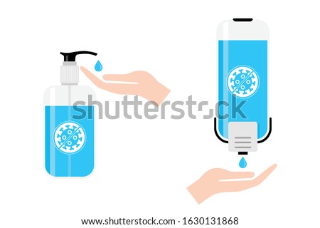 Hand sanitizers. Alcohol rub sanitizers kill most bacteria, fungi and stop some viruses such as coronavirus. Hygiene product. Sanitizer bottle and wall mounted container. Covid-19 spread prevention. Stock foto © 