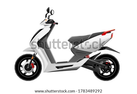 Motor scooter vector illustration. Petrol or electric scooter design. Light motorcycle. 3D looking vector illustration. Moped design on white background. Two-wheeled automobile. Urban vehicle.