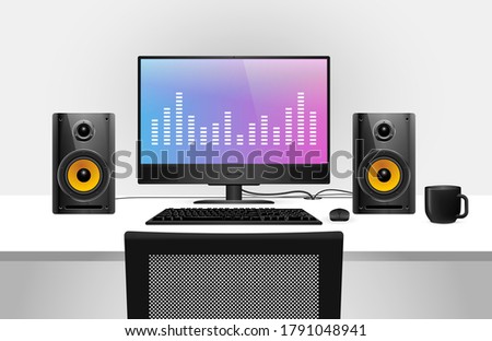 Desktop computer with monitor speakers. Realistic vector illustration of a personal computer. Workstation PC. Music production computer. Digital music production. All in one PC. Sound engineering.