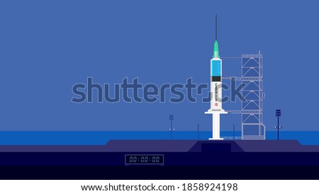 Plastic medical injection syringe with liquid drug. Vaccine ready to launch. Vaccination equipment with needle. Drug injector. Metaphor of a rocket. Immunization vaccine is ready. Launchpad vector. 