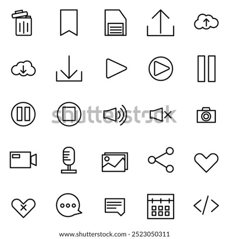 User Interface icon collection set. Containing trash, save, download, play, chat, comment, code, share, mute icon. Simple line vector.