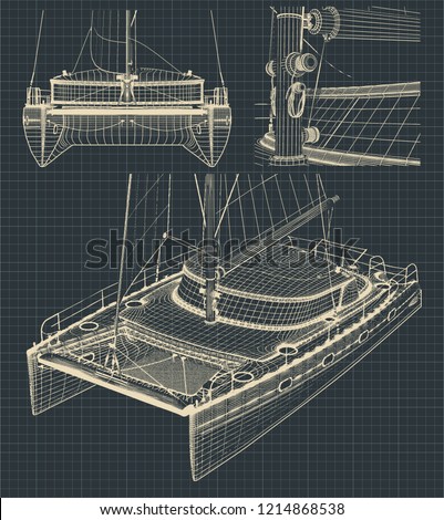 Fragment of stylized drawings of a modern catamaran with a sail in retro style