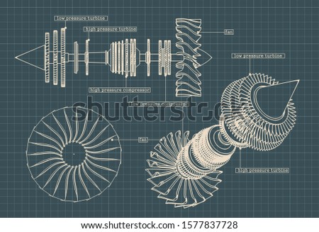 Stylized vector illustration of drawings of a jet engine compressor