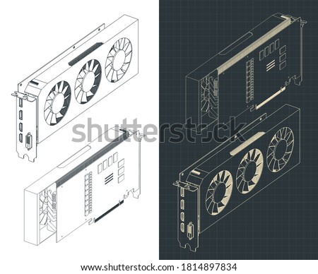 Stylized vector illustration of a powerful video card isometric drawings