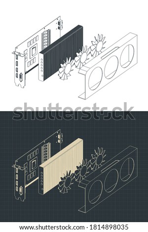 Stylized vector illustration of a powerful disassembled video card drawings