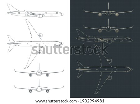 Stylized vector illustrations of commercial passenger airplane drawings