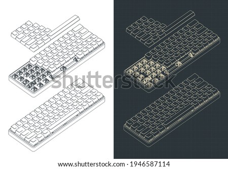 Stylized vector illustration of mechanical 60% keyboard isometric drawings
