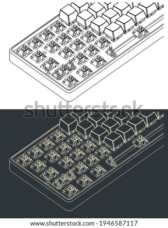 Stylized vector illustration of mechanical 60% keyboard with partially removed keycaps close-up drawing