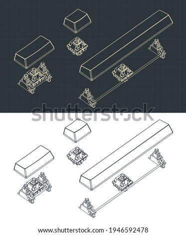Stylized vector illustration of a mechanical keyboard part. Switches with removed keycaps and stabilizers drawing