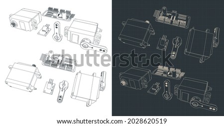 Stylized vector illustration of blueprints of servo motor kit