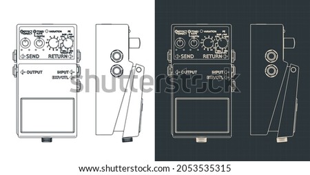 Stylized vector illustration of blueprints of distortion pedal