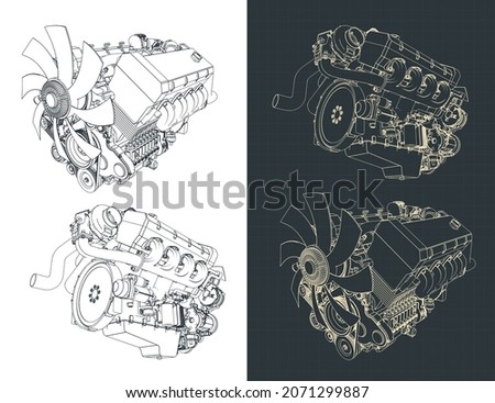 Stylized vector illustration of drawings of powerful V8 turbo engine